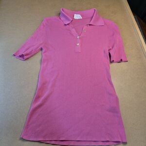 Ribbed Short-Sleeve Polo Top in Pink